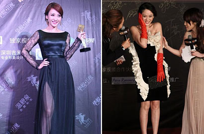 柳岩黑色长裙走红毯 陈乔恩摔跤露春光