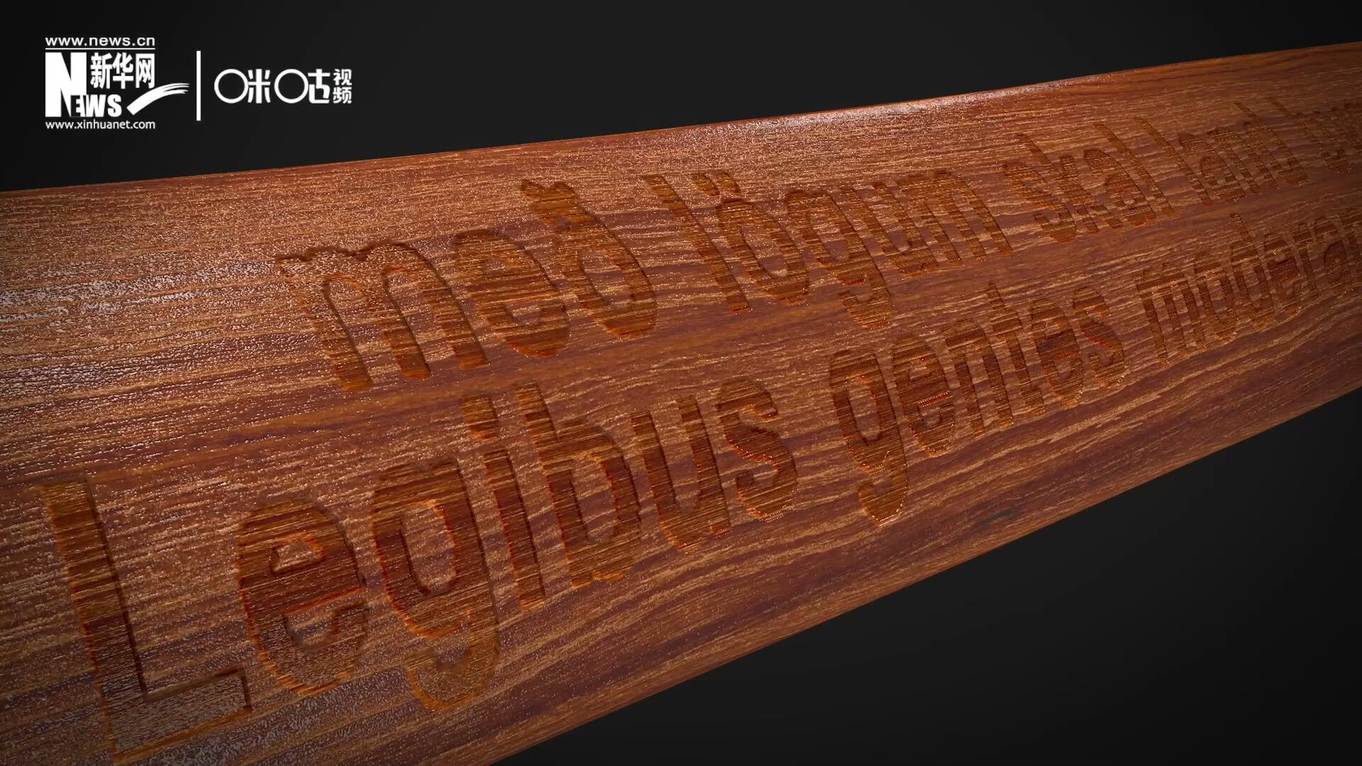 这把木槌尺寸超大、颜色棕红、精雕细刻，上面刻有“社会必须建立在法律的基础上”。