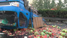 货车高速侧翻 三吨西瓜被摔坏