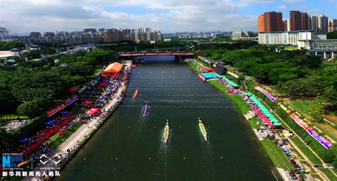 航拍深圳观澜河龙舟赛