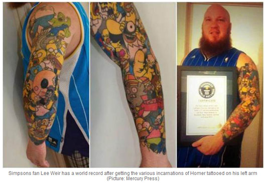 男子左臂纹41个辛普森卡通人物破世界纪录（图）