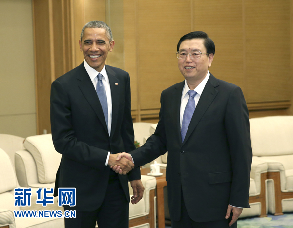 11月12日，全国人大常委会委员长张德江在北京人民大会堂会见美国总统奥巴马。 新华社记者 庞兴雷 摄