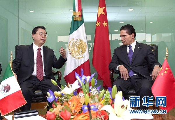 11月26日，正在墨西哥进行正式友好访问的全国人大常委会委员长张德江在墨西哥城与墨西哥众议长奥雷奥莱斯举行会谈。 新华社记者 刘建生摄
