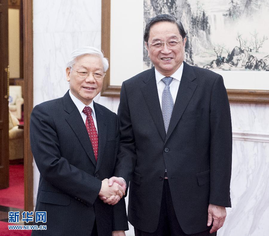 4月8日，中共中央政治局常委、全国政协主席俞正声在北京会见越共中央总书记阮富仲。 新华社记者 王晔 摄 