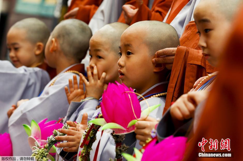 韩国迎接佛诞节 小和尚剃度萌态十足