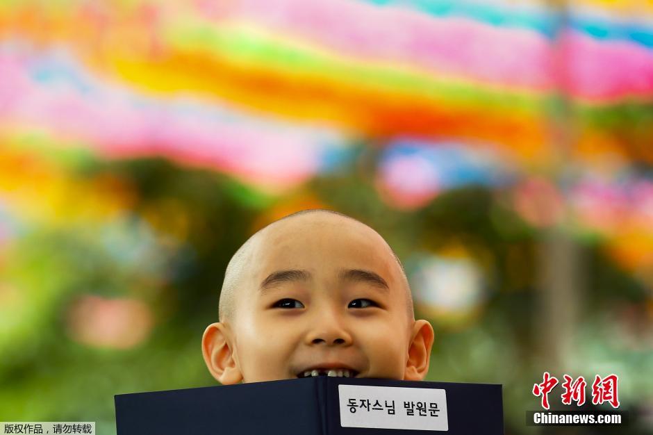 韩国迎接佛诞节 小和尚剃度萌态十足
