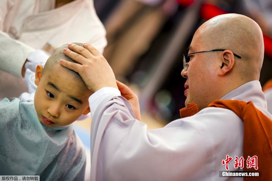 韩国迎接佛诞节 小和尚剃度萌态十足