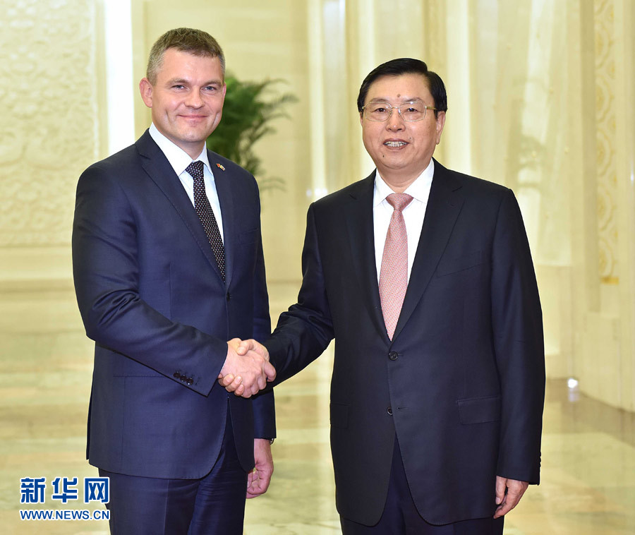 5月25日，全国人大常委会委员长张德江在北京人民大会堂与斯洛伐克国民议会议长佩列格里尼举行会谈。 新华社记者 李涛 摄