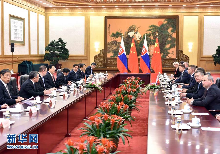 5月25日，中国全国人大常委会委员长张德江在北京人民大会堂与斯洛伐克国民议会议长佩列格里尼举行会谈。 新华社记者 李涛 摄