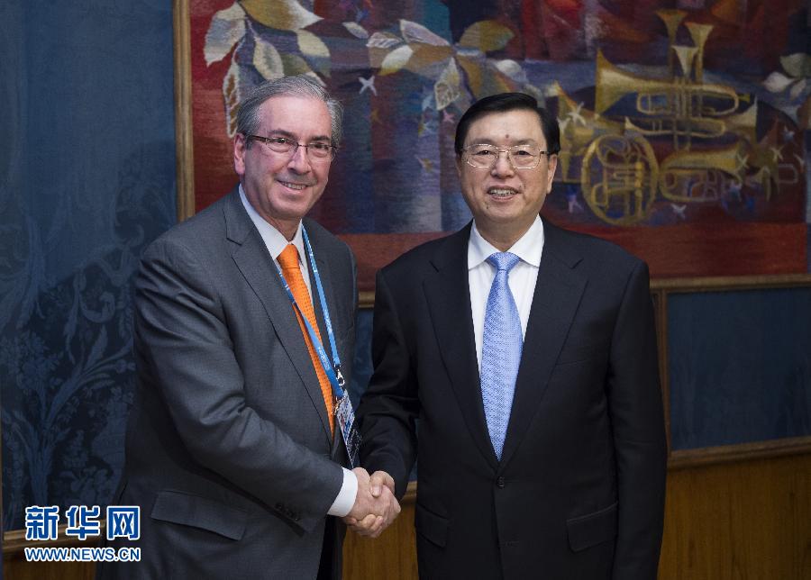  6月8日，中国全国人大常委会委员长张德江在莫斯科会见巴西众议长库尼亚。 新华社记者谢环驰摄