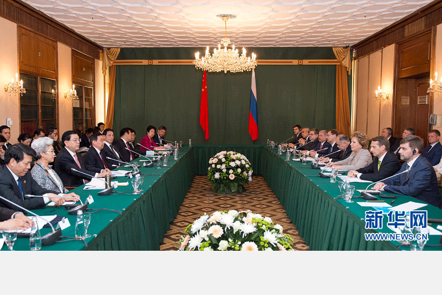 6月9日，全国人大常委会委员长张德江在莫斯科出席中俄议会合作委员会机制性会议。 新华社记者谢环驰 摄