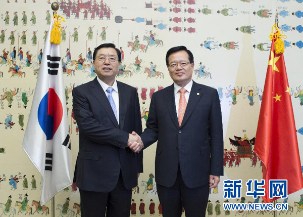 6月11日，全国人大常委会委员长张德江在首尔与韩国国会议长郑义和举行会谈。 新华社记者谢环驰摄