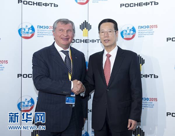 6月19日，国务院副总理张高丽在圣彼得堡会见俄总统能源发展战略和生态安全委员会秘书长、俄石油公司总裁谢钦。 新华社记者王晔摄 