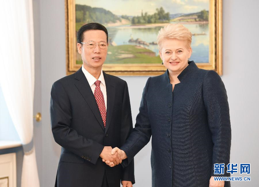 6月22日，应邀访问立陶宛的国务院副总理张高丽在维尔纽斯会见立陶宛总统格里包斯凯特。 新华社记者高洁摄
