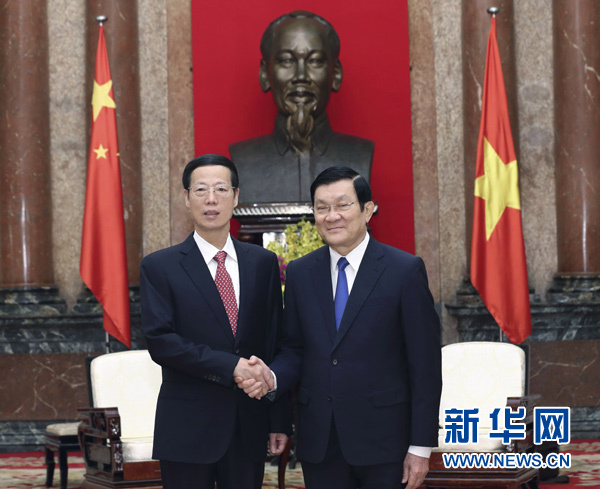 7月17日，中共中央政治局常委、国务院副总理张高丽在河内会见越南国家主席张晋创。 新华社记者兰红光摄