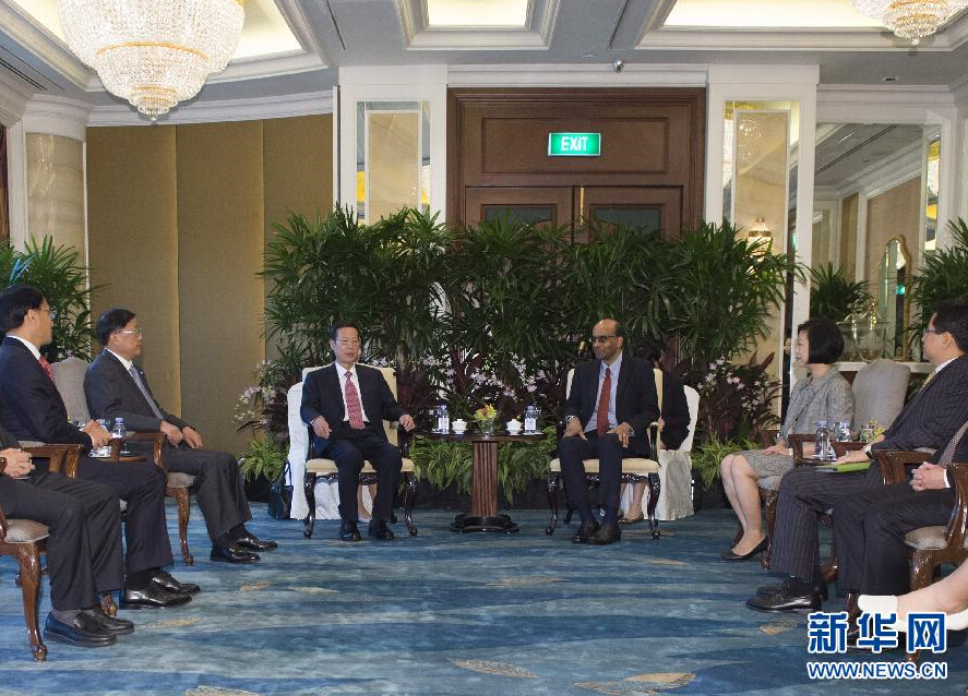 10月14日，中共中央政治局常委、国务院副总理张高丽在新加坡会见新加坡副总理尚达曼。 新华社记者 王晔 摄