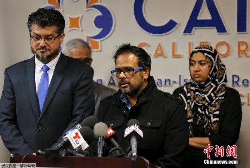 当地时间12月2日，美国加州阿纳海姆，加州枪击案嫌犯赛义德&middot;法鲁克的姐夫Farhan Khan出席新闻发布会。