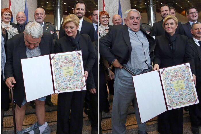 男子在与克罗地亚女总统合照时掉裤子