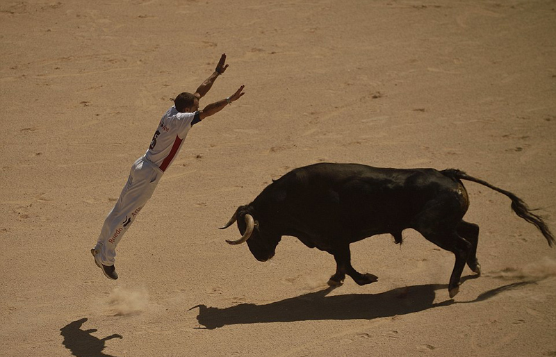 惊险！西班牙斗牛士徒手闪避公牛