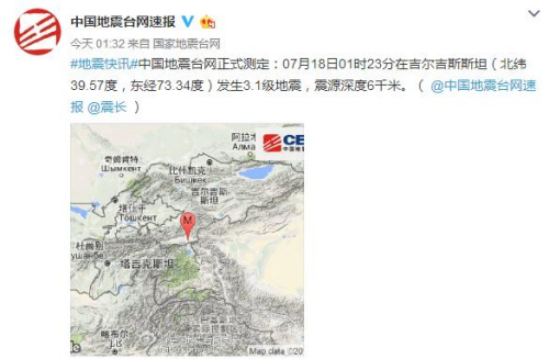 吉尔吉斯斯坦发生3.1级地震震源深度6千米