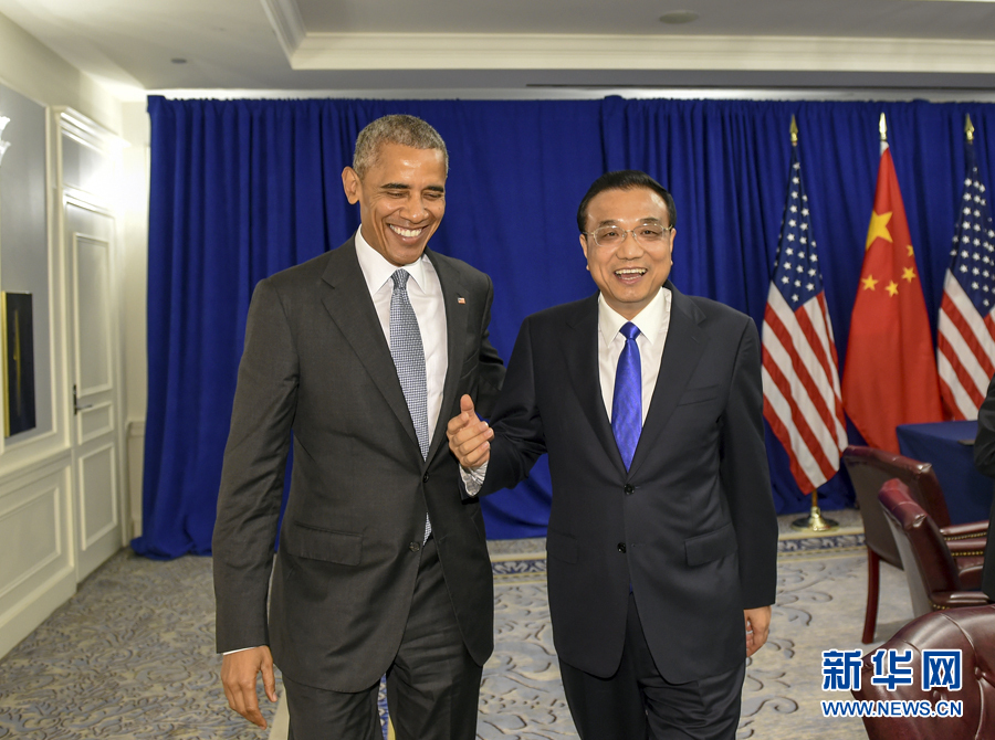 9月19日，国务院总理李克强在纽约会见美国总统奥巴马。 新华社记者李学仁 摄