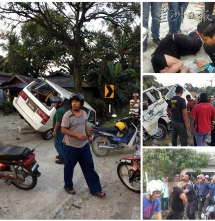 中国侨网绑匪客货车失控猛撞路边大树（左图），小图为绑匪被愤怒的群众围殴及逮捕。（马来西亚《星洲日报》）
