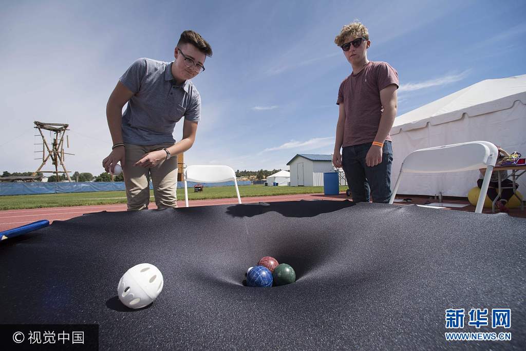 當地時間2017年8月20日，美國俄勒岡州，學生們聚集在操場準備觀賞日食奇觀。***_***James Linkey (L) and Aiden Cody (R) of the Flagstaff Arts and Leadership Academy demonstrate how gravity works at the Lowell Observatory Solar Eclipse Experience August 20, 2017 in Madras, Oregon. The town is preparing for the August 21 total solar eclipse that will be visible across the continental US. STAN HONDA