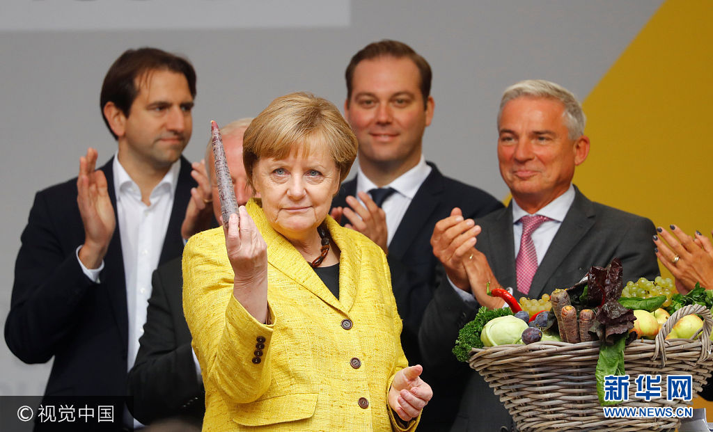 当地时间2017年9月18日，德国弗莱堡，德国现任总理基督教民主联盟总理候选人默克尔参加在当地举行的竞选活动。***_***German Chancellor Angela Merkel, top candidate of the Christian Democratic Union Party (CDU) for the upcoming general elections, holds a vegetable during a campaign rally in Freiburg, Germany, September 18, 2017. Kai Pfaffenbach