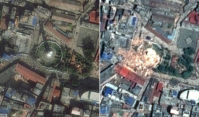 卫星拍摄加德满都地震前后对比图