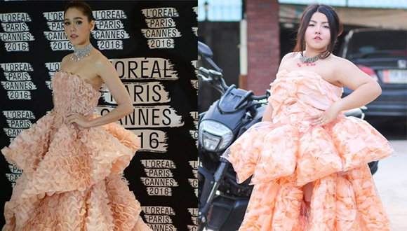 女子用&ldquo;大虾&rdquo;恶搞 完美复制女星红毯礼服（组图）