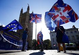 英民众在议会大厦前举旗反对"脱欧"