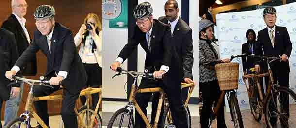潘基文气候大会试骑竹制单车 (组图)
