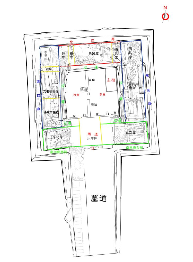 (刘贺主墓平面图)刘贺主墓坐北朝南面积约400平方米墓室深约8米一条长