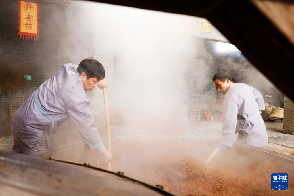 摄)新年伊始,江苏省宿迁市泗洪县双沟镇各酒厂格外繁忙,酿酒工人按照