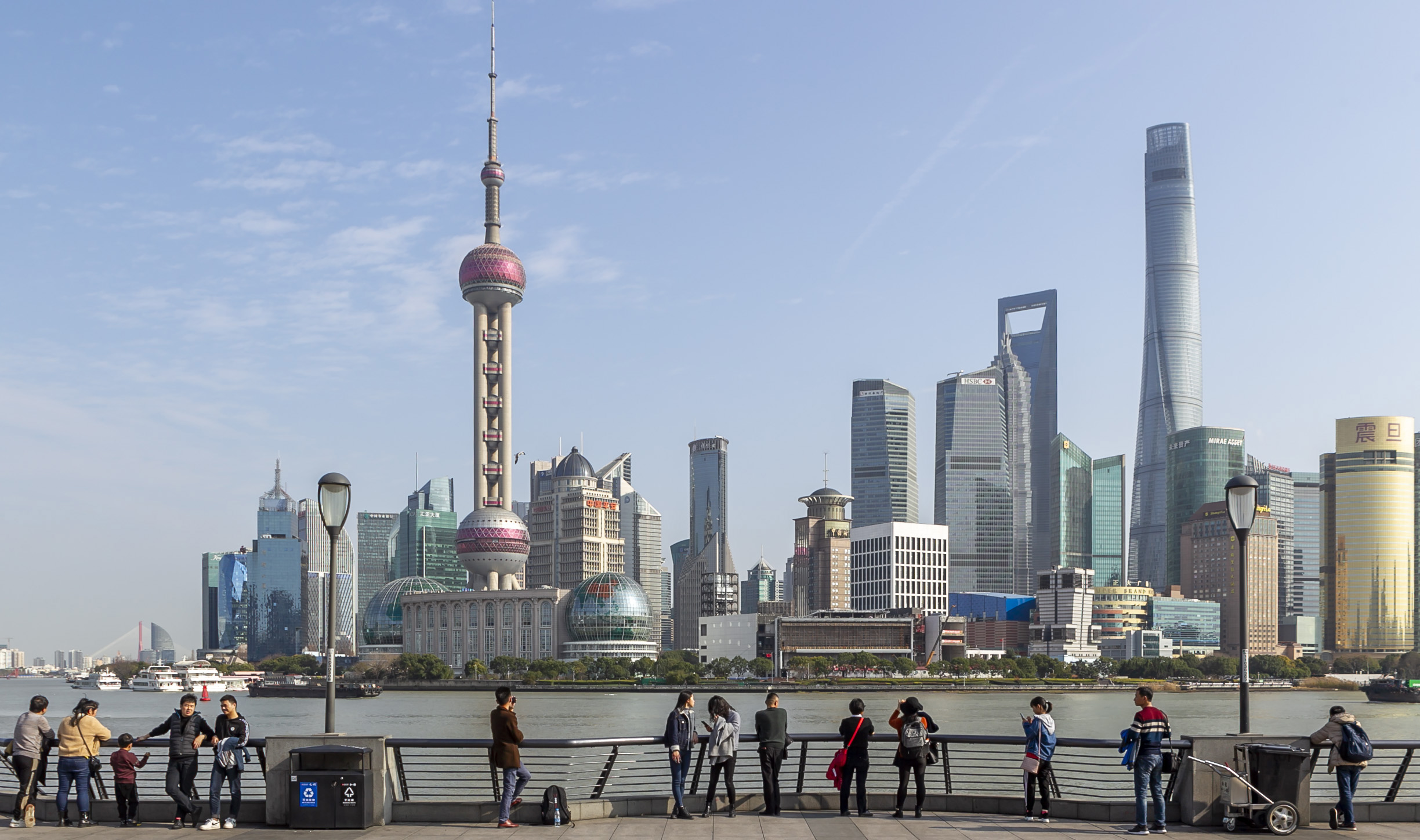 the skyline view of lujiazui area at the bund in shanghai, east