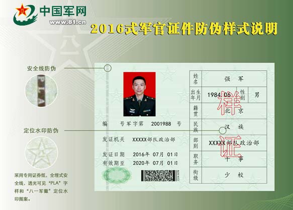2016式军官证,义务兵证,士官证,文职人员证,职工证防伪样式说明