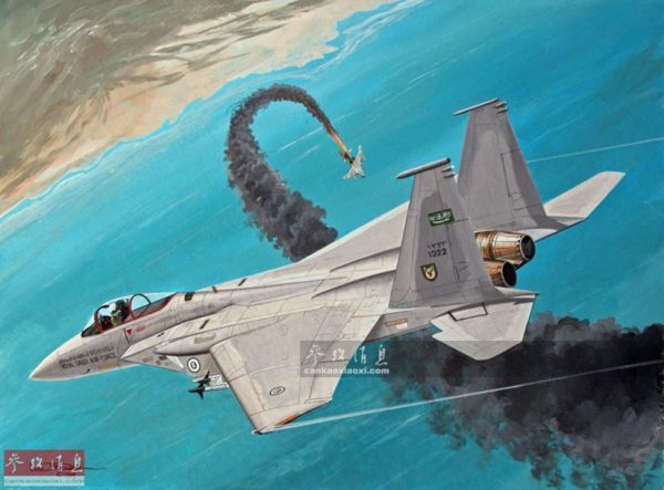 图为艺术家绘制的1984年,沙特空军f-15c战机击落伊朗f-4e战机的油画.