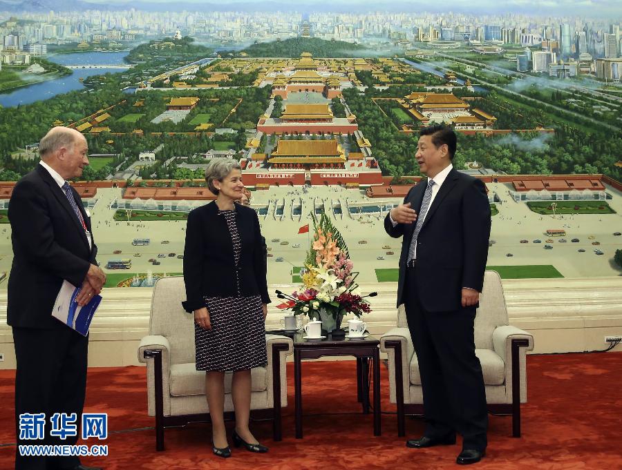 这是会议开始前，习近平会见联合国教科文组织总干事博科娃、国际工程与技术科学院理事会秘书长萨尔曼等与会外方代表。 新华社记者 兰红光摄