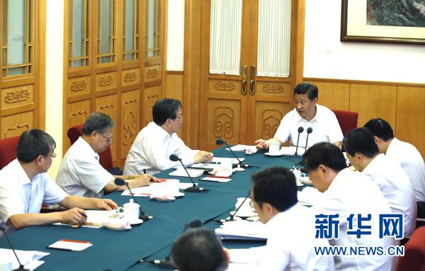 习近平在中南海听取兰考县委和河南省委党的群众路线教育实践活动情况汇报，并发表重要讲话。新华社记者 鞠鹏 摄