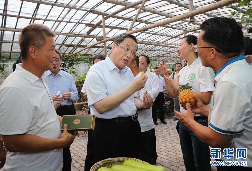  6月13日，中共中央政治局常委、全国政协主席俞正声来到厦门市海沧区青礁村院前社出席两岸&ldquo;同名村、心连心&rdquo;交流活动，并与部分前来参加第七届海峡论坛的乡亲座谈。这是俞正声来到城市菜地管理房，听取两岸青年代表介绍共创&ldquo;济生缘合作社&rdquo;情况。 新华社记者刘卫兵摄  