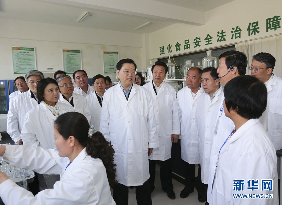 这是5月7日，张德江在巴彦淖尔市农牧业科学研究院农畜产品检验检测中心，了解农畜产品质量安全监管情况。 新华社记者 丁林 摄