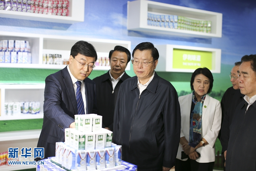 这是5月8日，张德江在内蒙古伊利实业集团，了解乳制品质量安全监管情况。 新华社记者 丁林 摄