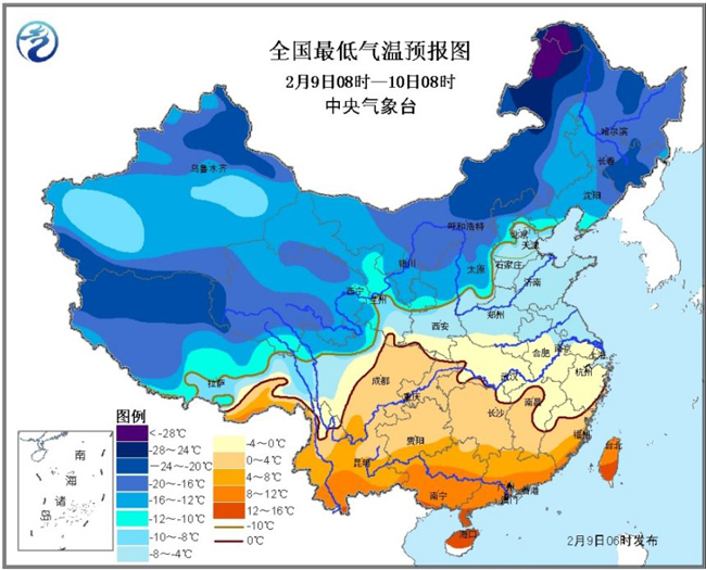 全国最低气温预报图(9日08时-10日08时)