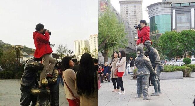 延安：女子坐红军雕塑头上拍照（图）