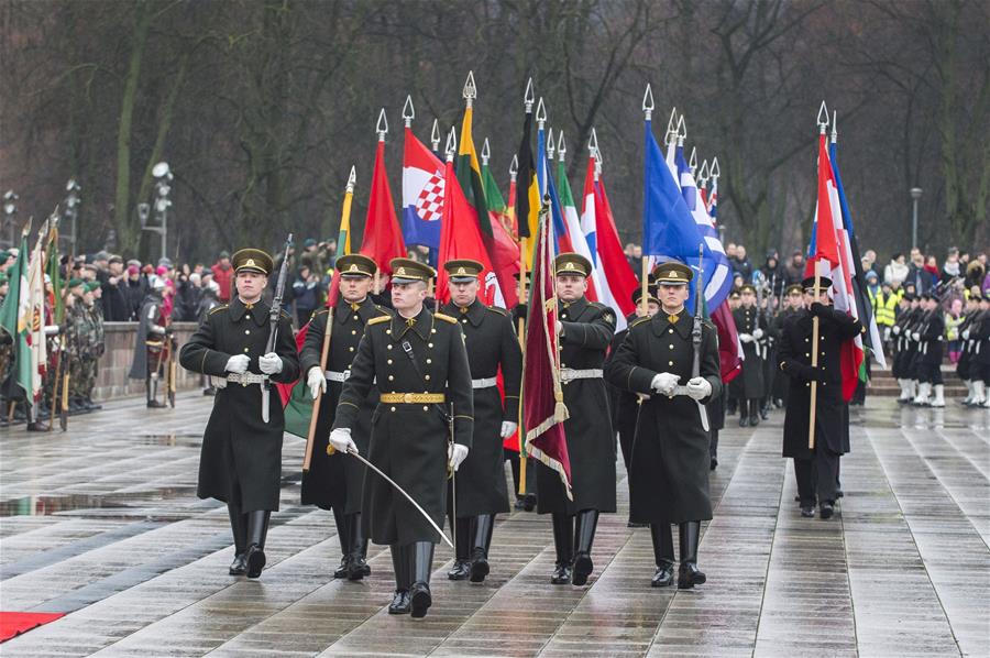 11月23日,在立陶宛维尔纽斯,仪仗队持北约盟国国旗进入庆祝活动现场.