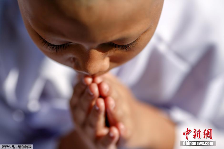 泰国迎宋干节 小比丘尼跟师傅身后化斋萌萌哒