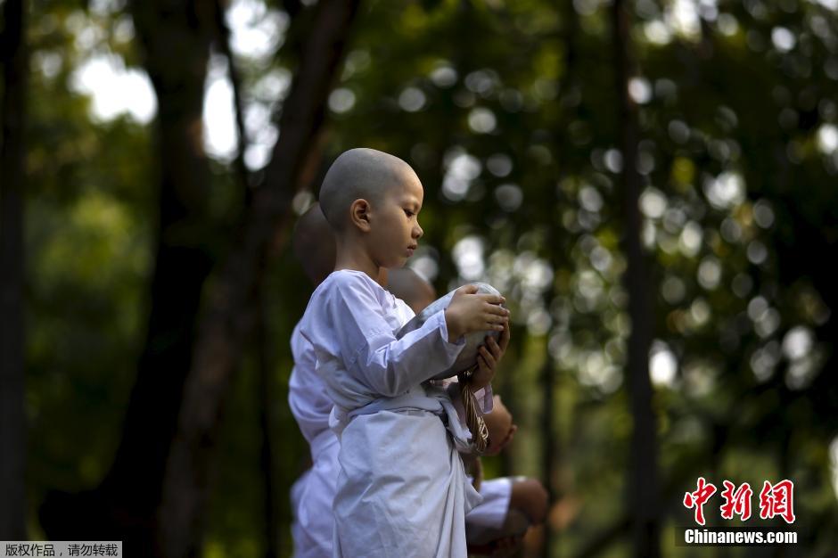 泰国迎宋干节 小比丘尼跟师傅身后化斋萌萌哒