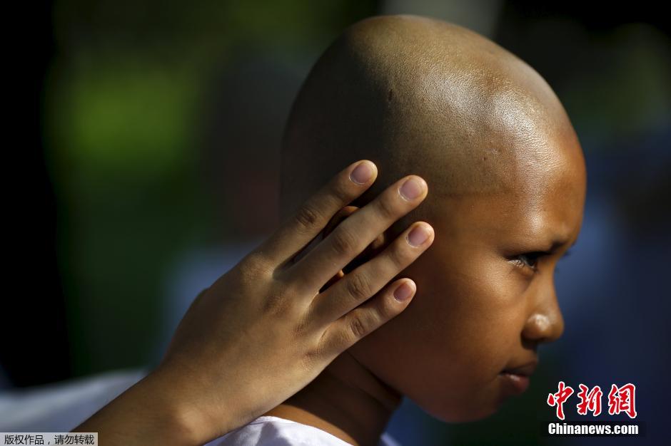 泰国迎宋干节 小比丘尼跟师傅身后化斋萌萌哒