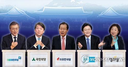  资料图：左起依次是文在寅、安哲秀、洪准杓、刘承旼、沈相奵。(图片来源：韩联社)