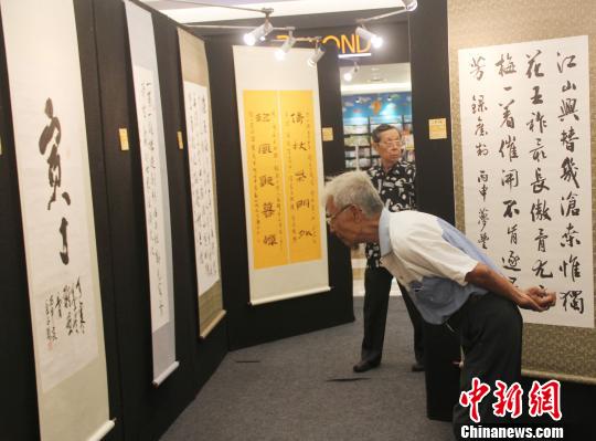 图为观众欣赏书法作品。　林永传 摄